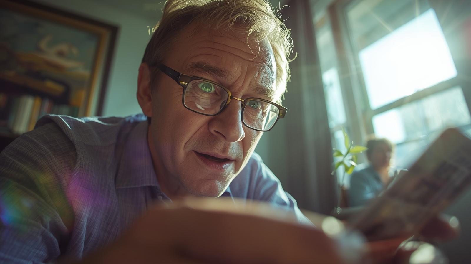Collector examines blurred Pokémon card in bright, cozy, sunlit room.