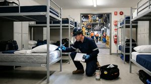 A professional industrial dormitory inspection scene inside a mining or industrial facility, pest control technician examining sleeping quarters with flashlight and monitoring tools